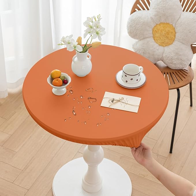 Fall Round Fitted PU Tablecloth with High Elastic Edge 24 Inch Dia Waterproof Oil Proof Table Cloth Anti-Scald Stain-Resistant Wipeable Table Cover for Indoor Outdoor Picnic (Orange,24" Dia)