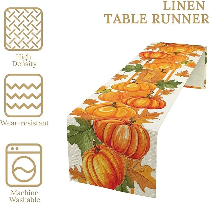 Fall Pumpkin Table Runner, Autumn Orange Maple Leaves Print Table Runner for Thanksgiving Harvest Holiday Indoor Outdoor Table Decoration, 13x60inch