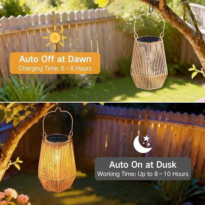 2 Pack Solar Lanterns Outdoor Waterproof, Hanging Rattan Woven Solar Lights with Auto On/Off, Decorative Gifts for Garden, Yard, Patio, Tree, Porch, Lawn, Pathway, Outside Tabletop Decor