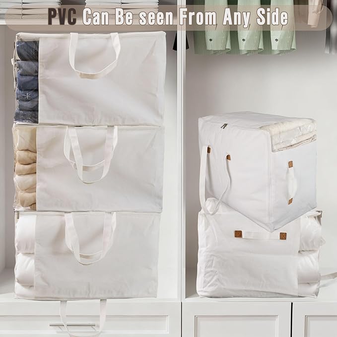 Heavy Duty Cotton Canvas Storage Bags For Comforter Blankets Clothes Extra Large Foldable Organizer with Clear Window & Reinforced Handles, Dustproof Design (White, 80L-3Pack)