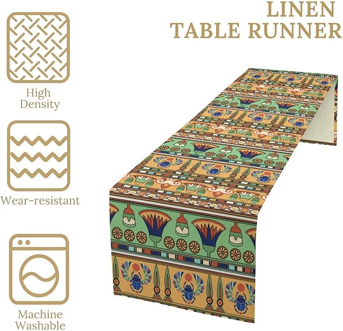 Egyptian Print Table Runner, Egyptian Ornament Scarab Flower Abstract Design Table Runner for Dining Kitchen Party Outdoor Holiday 13x60in