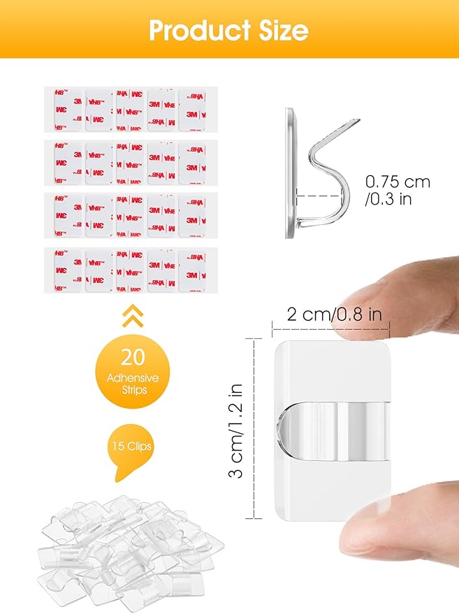Brightown Hooks for Outdoor String Lights, 15 Cable Clips and 20 Adhesive Strips, Cord Organizer for Indoor Outdoor String Lights Christmas Decor, Cable Management for Wall Desk Ceiling, Clear