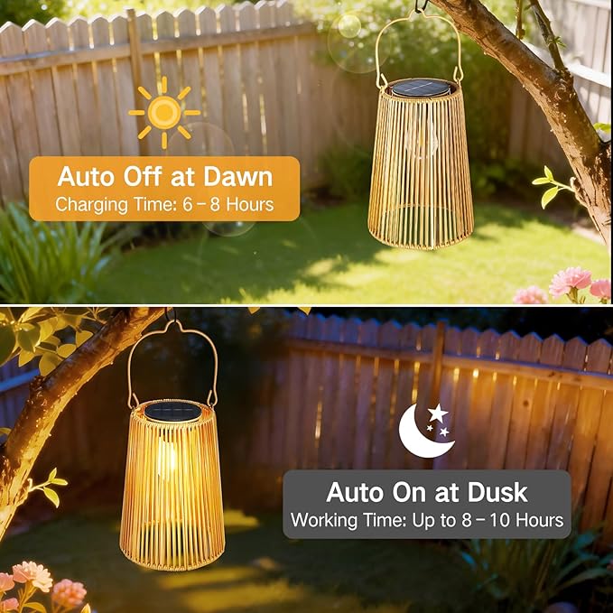 2 Pack Solar Lanterns, Outdoor Waterproof Hanging Rattan Woven Solar Lights with Auto On/Off, Decorative Gifts for Mom, Garden, Yard, Patio, Tree, Porch, Lawn, Pathway Outside Tabletop Decor