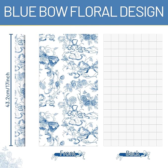 WERNNSAI Blue Bow Floral Wrapping Paper Roll - 1 Roll 17”x 33 ft Baby Blue Bow Gift Wrap Paper Vintage Floral Gift Packing for Coquette Birthday Wedding Bridal Shower Party Supplies