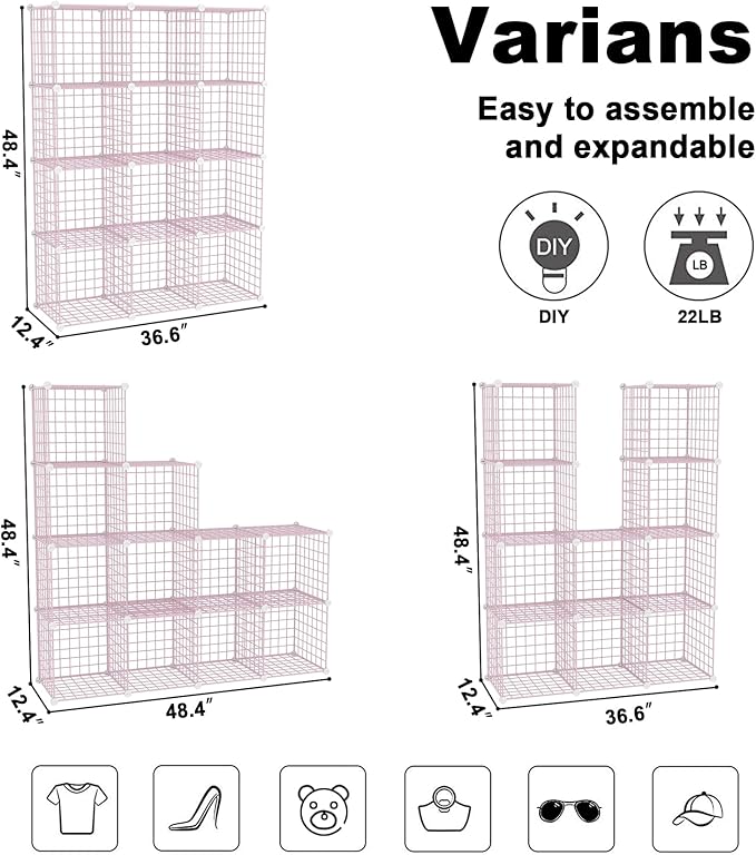 C&AHOME Wire Cube Storage, 12 - Cube Organizer Metal C Grids, Modular Shelves Units, Closet Organizer, Ideal for Home, Office, Living Room, 36.6”L x 12.4”W 48.4”H, Pink UWCS3012P
