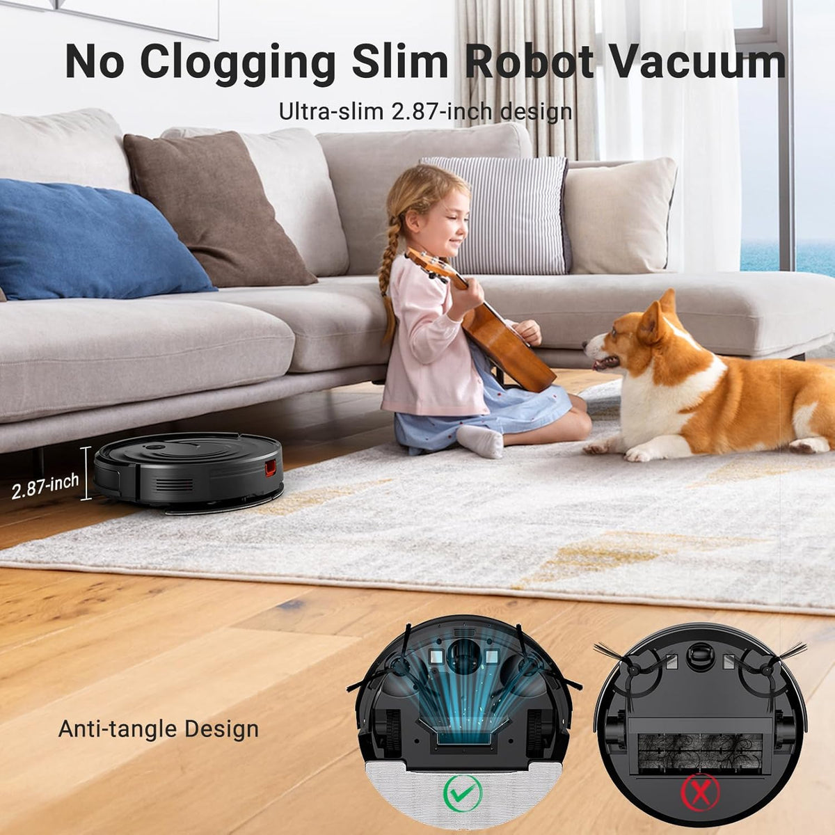 Robot Vacuum and Mop Combo, Robotic Vacuum Cleaner 5000Pa Strong Suction 130 Mins Runtime, Slim, Low Noise, Automatic Self-Charging, Wi-Fi/App/Alexa Control, Ideal for Hard Floor, Carpet, Pet Hair