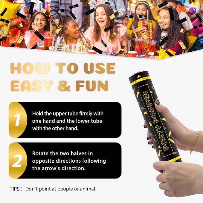 Confetti Poppers 12 Pack Confetti Cannon Black and Gold Party Confetti 12 inch Metallic Foil Golden Black Confetti Party Poppers Confetti Shooters for Birthday Wedding Graduation Christmas New Year
