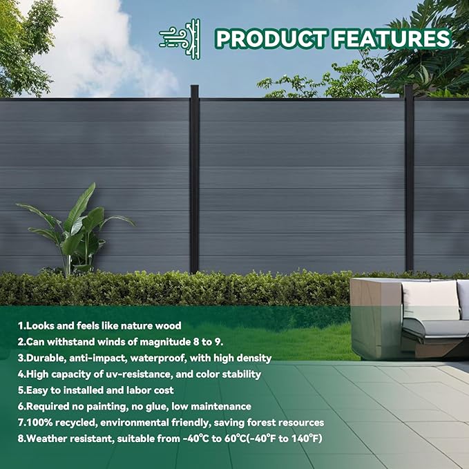 Mondaria Fence Privacy Screen with 8ft In-ground Posts, 6ft(H) x48t(W) Wood Plastic Composite Fence Panels Weather-Resistant Outdoor Fence for Backyard/Garden (Gray, 9 Posts)
