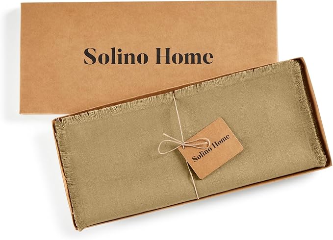Solino Home Fringe Linen Table Runner 36 Inches - 100% Pure Linen Kelp Table Runner 14 x 36 Inch Ideal for Dresser and Coffee Tables, Spring