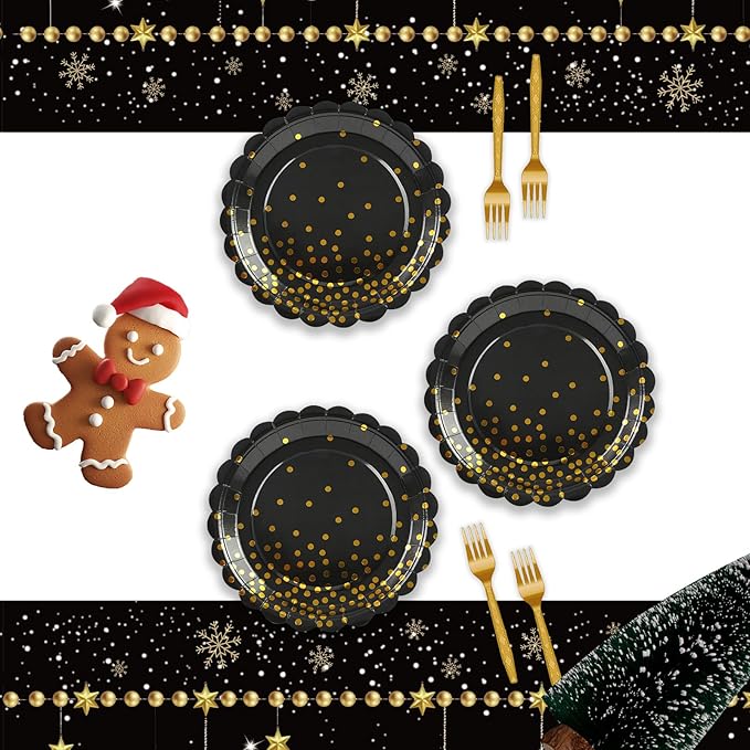 2pack Black and Gold Happy New Year Plastic Tablecloth, 54 x 108 Inch Disposable Rectangle Table Covers with Fireworks, Champagne, and Ornaments for New Year’s Eve Parties Dinners Celebrations