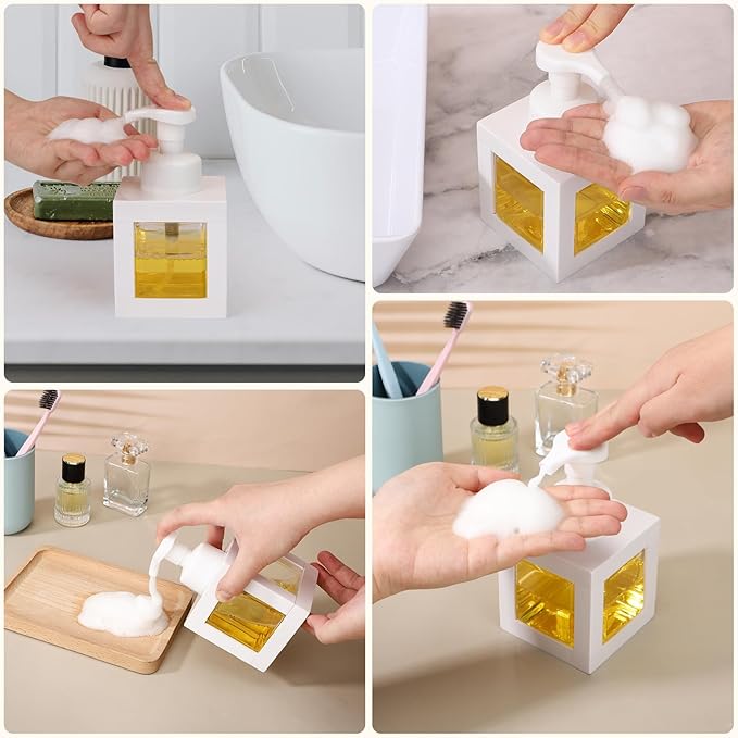 Segbeauty 11.84oz White Foam Soap Dispenser with Waterproof Labels, 350ml Refillable Square Liquid Dish Soap Foaming Dispenser, Plastic Hand Soap Shampoo Body Wash Dispenser for Kitchen Sink Bathroom