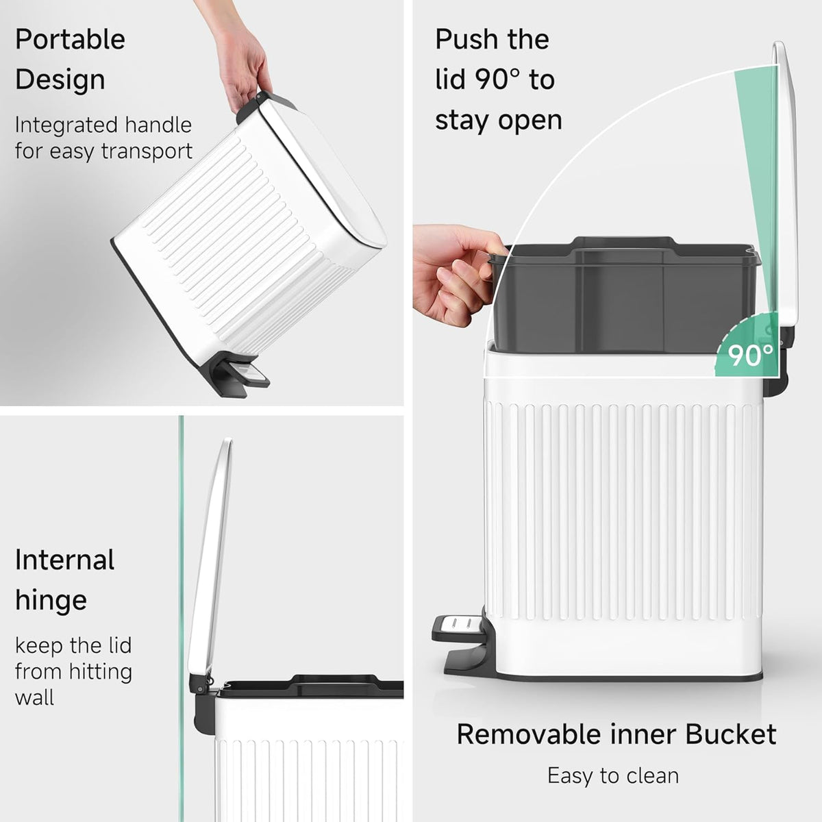 TIPGO Slim Bathroom Trash Can with Lid Soft Close, Step Pedal, 6 Liter / 1.6 Gallon Stainless Steel Trash Bin, Small Garbage Cans for Bedroom, Office, Kitchen (White)