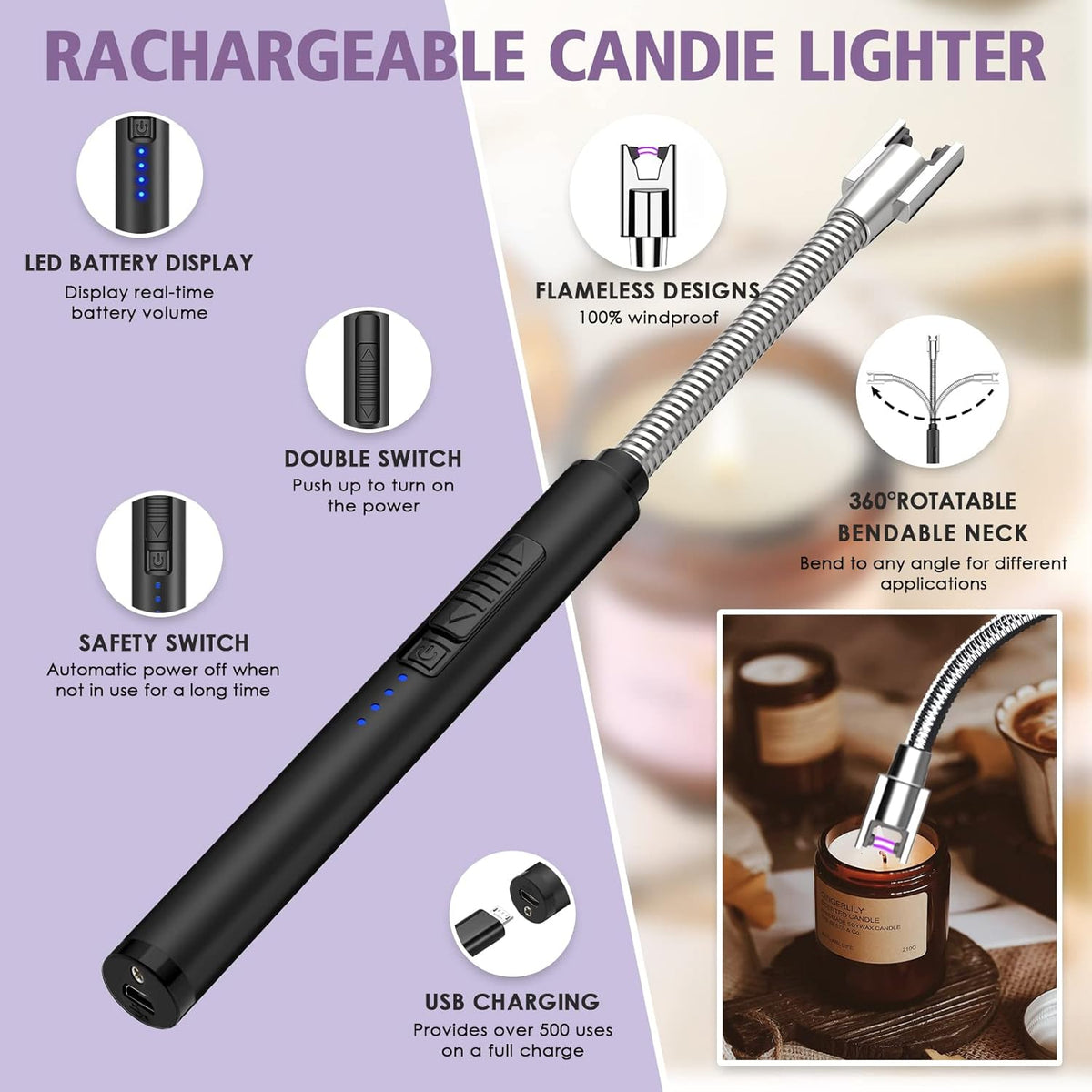 6 in 1 Candle Accessory Set,Candle Wick Trimmer Cutter,Candle Wick Dipper,Candle Wick Snuffer, Rechargeable Candle Lighter,Storage Tray Plate,Tweezers,Stainless Steel Candle Care Kit Home Gift(Black)