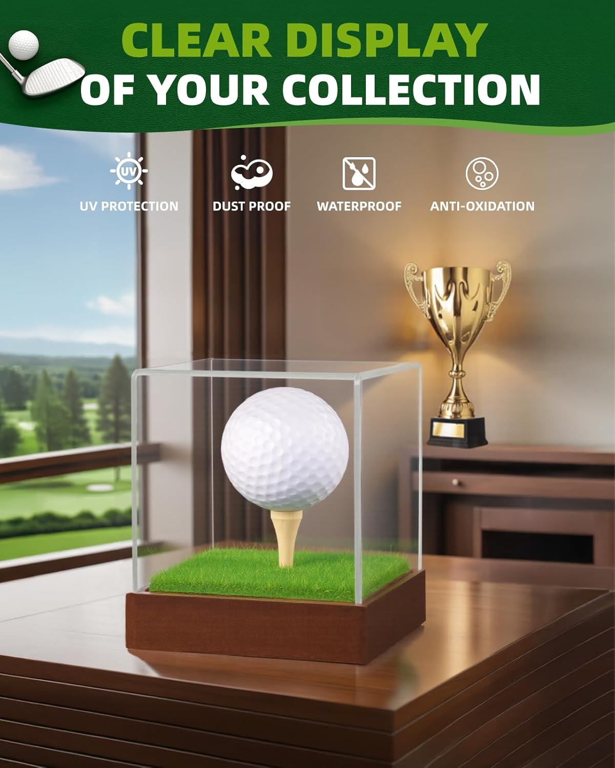 Golf Ball Display Case - Clear Acrylic Cube with Solid Wood Base & Tee, Anti-Dust Transparent Holder for Single Golf Ball, Ideal for Collectibles