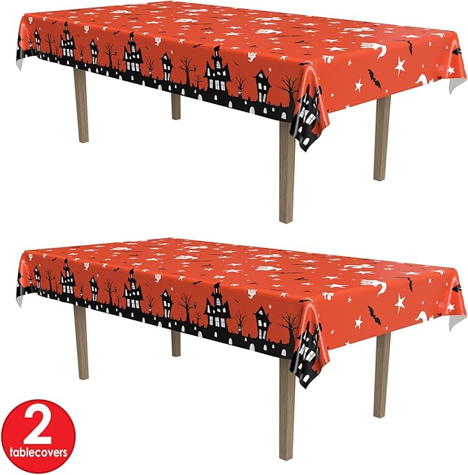 Beistle Haunted House Tablecovers, 54” x 108”, 2 Pieces – Plastic Table Cloth, Rectangular Tablecloth, Halloween Tablecloth, Holiday Tablecloth, Halloween Plastic Tablecloth, Halloween Decorations