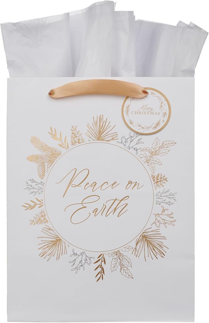 Christian Art Gifts Large Portrait Inspirational Christmas Gift Bag, Tag & Wrapping Tissue Paper Set for Men & Women: Peace on Earth Winter Pine Theme, Sturdy Satin Ribbon Handles, Festive White/Gold