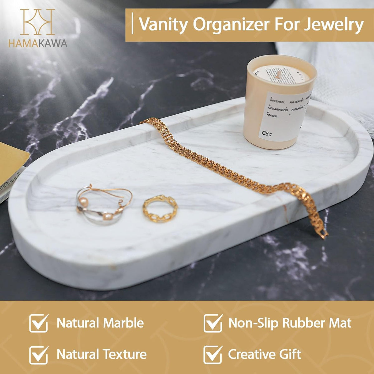 Bathroom Vanity Tray, Large Natural Marble Oval Sink Tray 10 Inch, Jazz White Limestone Dresser Tray for Soap Dispenser Modern Countertop Organizer