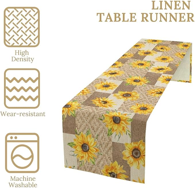 Farmhouse Sunflower Table Runner, Rustic Vintage Linen Patchwork Summer Yellow Floral Table Cover for Bithday Party Home Kitchen Dining Room Decor, 13x120inch