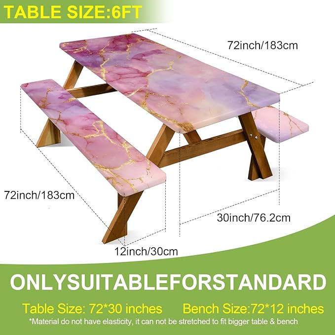 ANNA QUEEN 6FT Pink Marble Outdoor Table Cover with Bench Covers Picnic Table Cover Set 3PCS 72"x30", Outdoor Bench and Tablecloth Furniture Protection