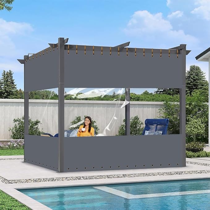 Covers & All Outdoor Clear Panel Curtain, 12 oz Vinyl Outdoor Curtains for Patio, Weather Resistant Waterproof Tarp with Brass Grommets for Pergola, Porch, Gazebos, Balcony (8'H x 7'W Feet, Gray)