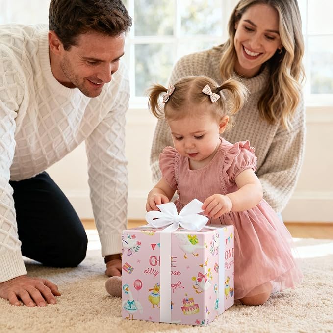 WERNNSAI Silly Goose Wrapping Paper - 1 Roll 17” x 33 ft 1st Birthday Wrapping Paper Pink Birthday Gift Wrap Baby Girls One Year Present Packing Wrap Baby Shower Reversible Design