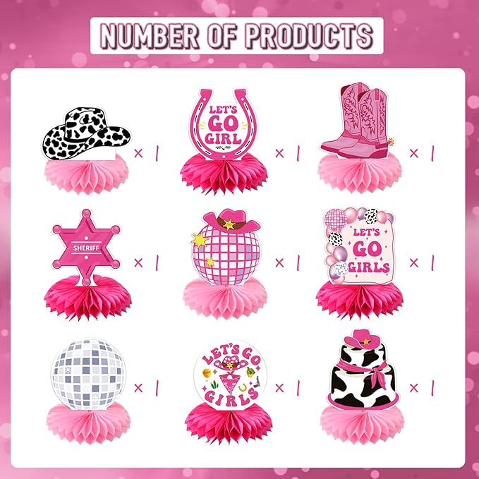 Lets Go Girls Bachelorette Party Decorations - 9pcs Disco Cowgirl Honeycomb Centerpiece Pink Disco Western Party Decoration Girls