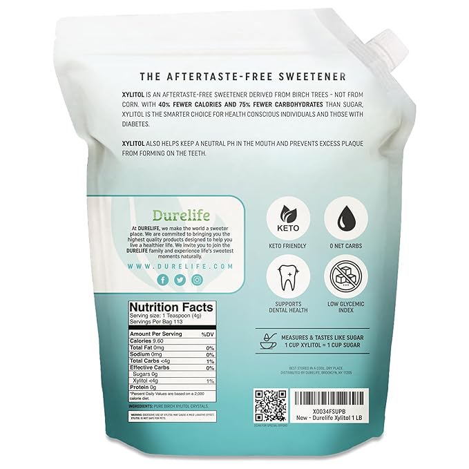 DureLife Xylitol Sugar Substitute 1 LB (16 OZ) Made From 100% Pure Birch Xylitol NON GMO - Gluten Free - Kosher, Sugar alternative