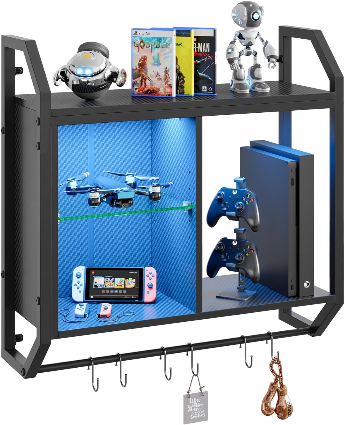 Bestier 25" LED Gaming Floating Shelves for Wall, Wall Mounted Shelf Pipe Adjustable Glass Shelves, Hanging Display Rack with 6 S-Hooks Towel Bar