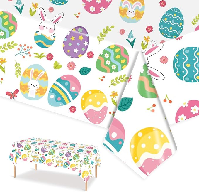 Easter Tablecloths Decorations - 2-Piece Colorful Easter Egg Tablecloths, Disposable Plastic Tablecloths, 54 inches x 108 inches, Perfect for Spring Decorations and Easter Party Supplies