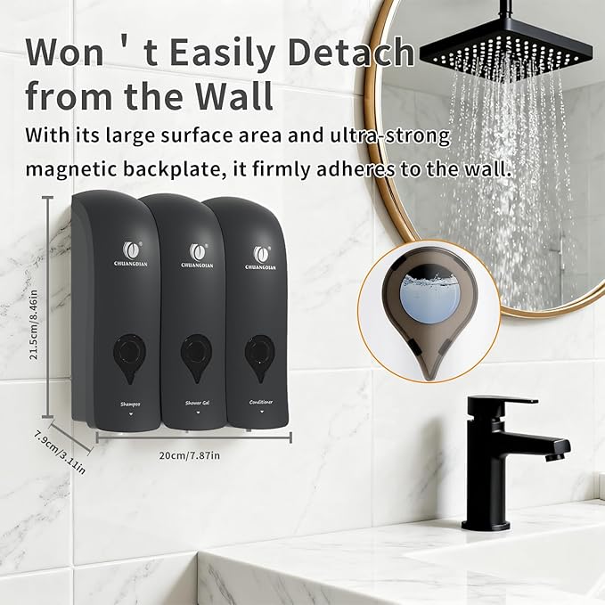 Shampoo Conditioner Body Wash Dispenser, Wall-Mounted Bathroom Soap Dispenser Set of 3 (Black), Refillable Shower Soap Shampoo Dispenser for Bathroom,Kitchen,Hotel and Airbnb