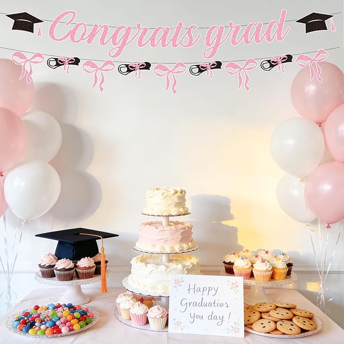 Pink Graduation Decorations 2026-2PCS Pink Bow Congrats Grad Banners Party Decor, Bowknot Graduation Party Supplies for Primary Middle High School University College (No-DIY)