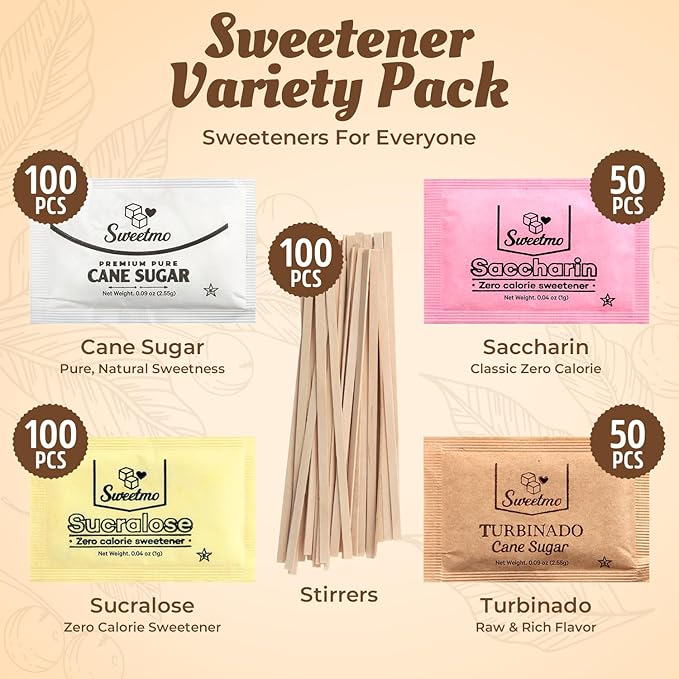 Sweetmo Sugar Packets Variety Pack - Sucralose, Raw Sugar, Saccharin, Cane Sugar with Wooden Stirrers - 400 Count for Coffee, Tea, Office Breakrooms