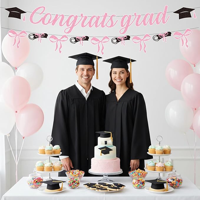 Pink Graduation Decorations 2026-2PCS Pink Bow Congrats Grad Banners Party Decor, Bowknot Graduation Party Supplies for Primary Middle High School University College (No-DIY)