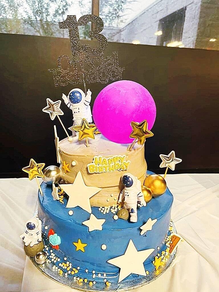 Cake Topper for Kids Astronaut Space Birthday Cake Decoration, 3D Soft Light Moon Outer Space Cake Topper for Party Supply, LED Moon Planet Birthday Cake Decoration (Pink)