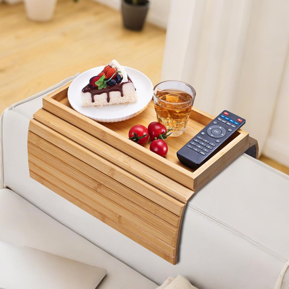 Bamboo Sofa Arm Tray Foldable Couch Arm Tray Anti-Slip Armrest Cup Holder For Couch For Drinks Snacks Phone Remote
