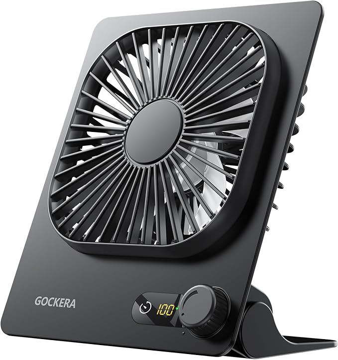 GOCKERA Desk Fan, 6.61''Ultra-thin Battery Powered Fan with Powerful Wind,100 Speeds Adjustable&Digital Display,Timer,Ultra-quiet Small Portable Fan for Bedroom,Office,Travel (Black, 2000mAh)