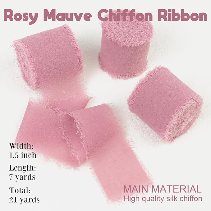 Rosy Mauve Chiffon Ribbon - 1.5 Inch x 21 Yards, Handmade Fringe, Silk, Boho Frayed, Perfect for Gift Wrapping, Wedding Invitations, Bridal Flower Bouquets