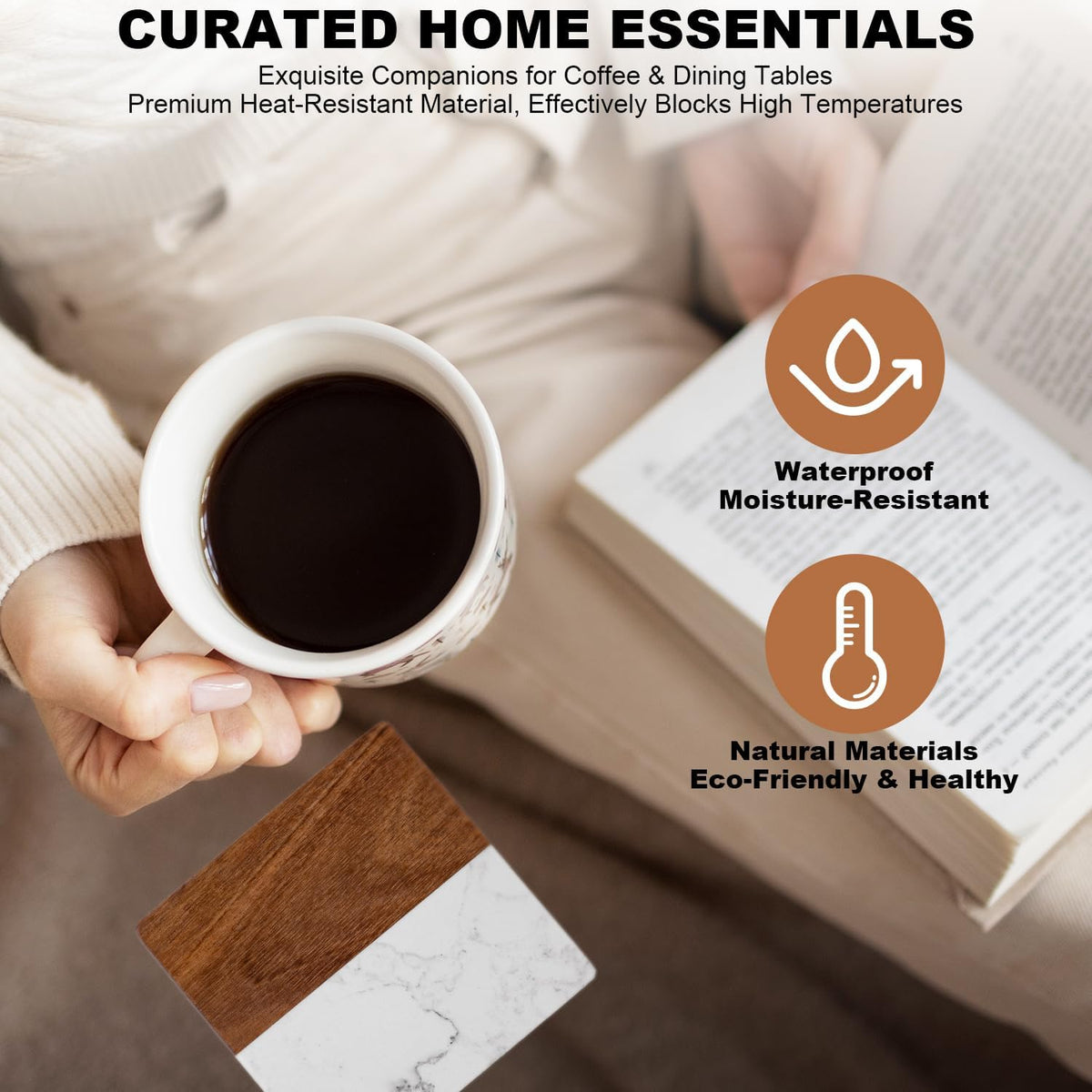 Marble Coasters: 4-Piece Set of Acacia Wood Marble Coasters, Suitable for Kitchens, Offices, and can be Used as Gifts