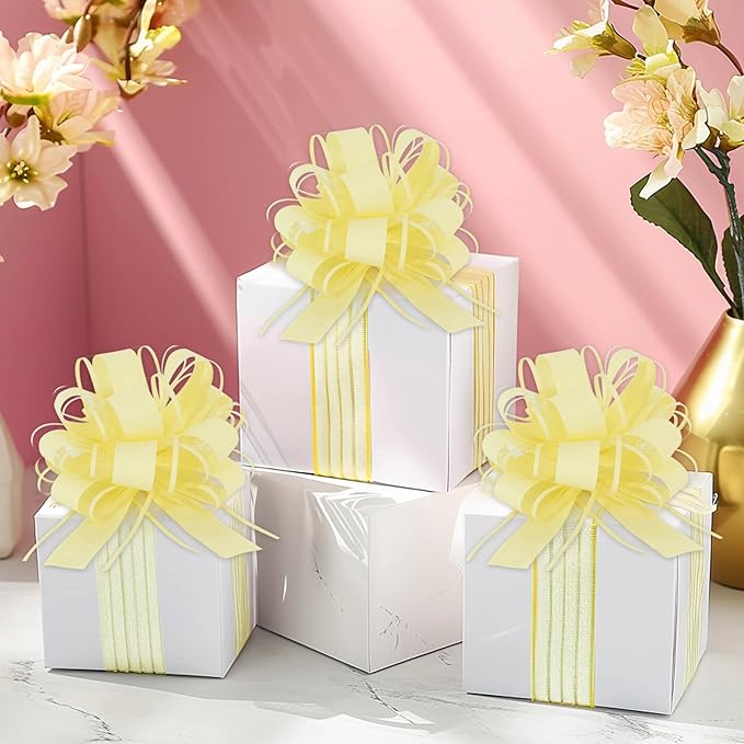 6pcs 7 Inch Pull Bows Pastel Yellow Gift Wrap Bows for Gift Wrapping, Ribbon, Wedding, Christmas, Valentine's Day, Birthday Party Decorations