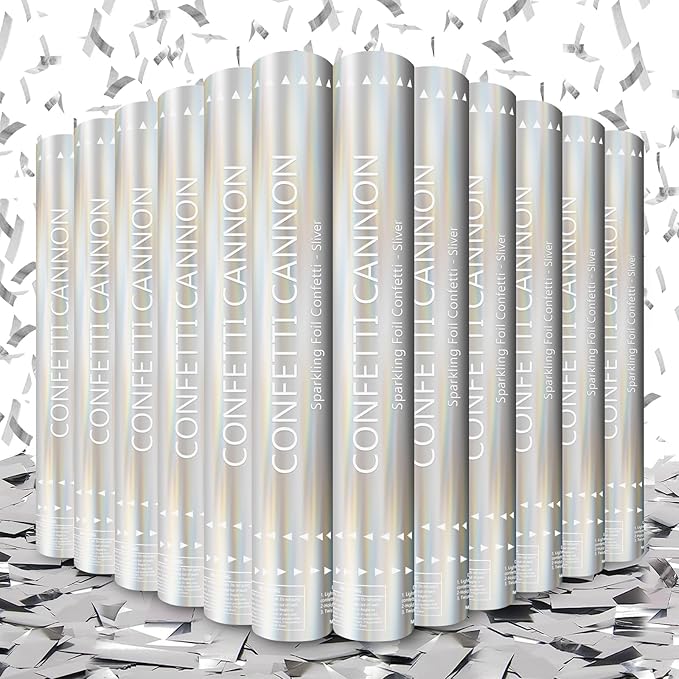 Confetti Cannon 12 Pack Silver Confetti Poppers 12 Inch Streamer Cannon Foil Party Poppers Confetti Shooters Silver Mylar Popper Cannon Bulk for Wedding Birthday Graduations New Year Celebration