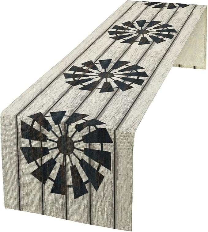Retro Windmill Table Runner, Rustic Farmhouse Wood Grain Country Style Print Table Runner for Dinning Holiday Party Indoor Outdoor Decor, 13x60inch