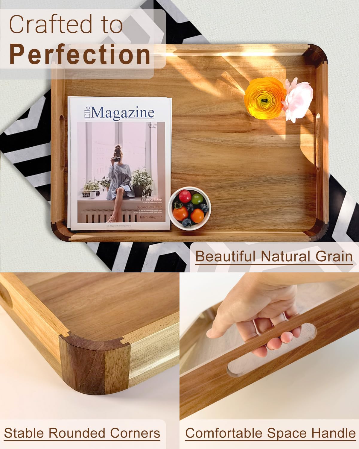 22 Inches Acacia Wood Serving Tray with Handles, Large Wooden Rectangle Ottoman Tray, Nice Home Decor for Living Room Coffee Table Couch