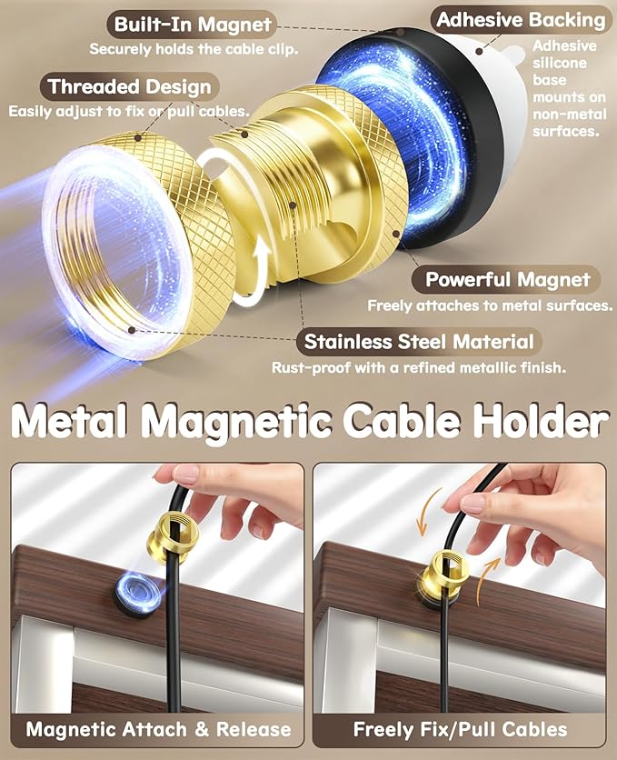 Maveek Magnetic Cable Holder, High-Grade Metal Cord Management Clips Magnet Cable Anchor for Desk Nightstand Car Office USB Charging Wires (4 Pack, Gold)