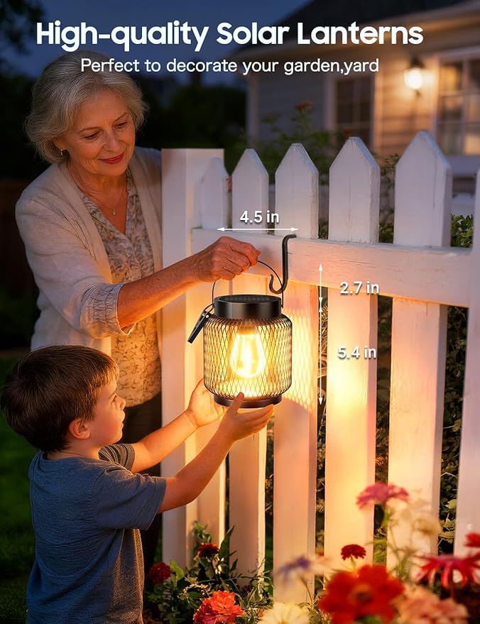 KOOPER Metal Solar Lanterns Outdoor Waterproof, 4 Pack Brighter Hanging Solar Lights for Outside, Up to 15 Hours Modern Hanging Solar Powered Lanterns Lights for Yard Patio Porch Garden Decorative