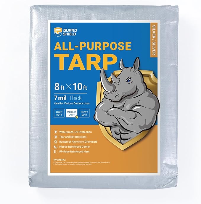 GUARD SHIELD Silver Tarp Waterproof 8x10 Feet Medium Duty All Purpose Poly Tarps Cover 7mil