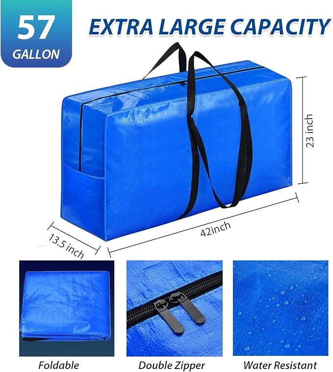 57 Gallon Extra Large Storage Bags, XXL Jumbo Large Moving Bags Heavy Duty, Storage Totes Moving Boxes Supplies for College, Foldable Duffle Bag for Travel, Christmas Tree Bag, 42x23x13.5inch - 2PACK