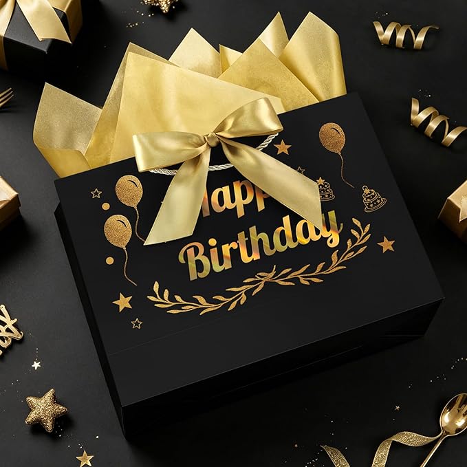 JMANNI Black Gold Happy Birthday Gift Bag with Card and Tissue Paper, 14.2"×9.84"×4.3" Large Present Bag for Men Women, Year Old Birthday Keepsake Party Supplies