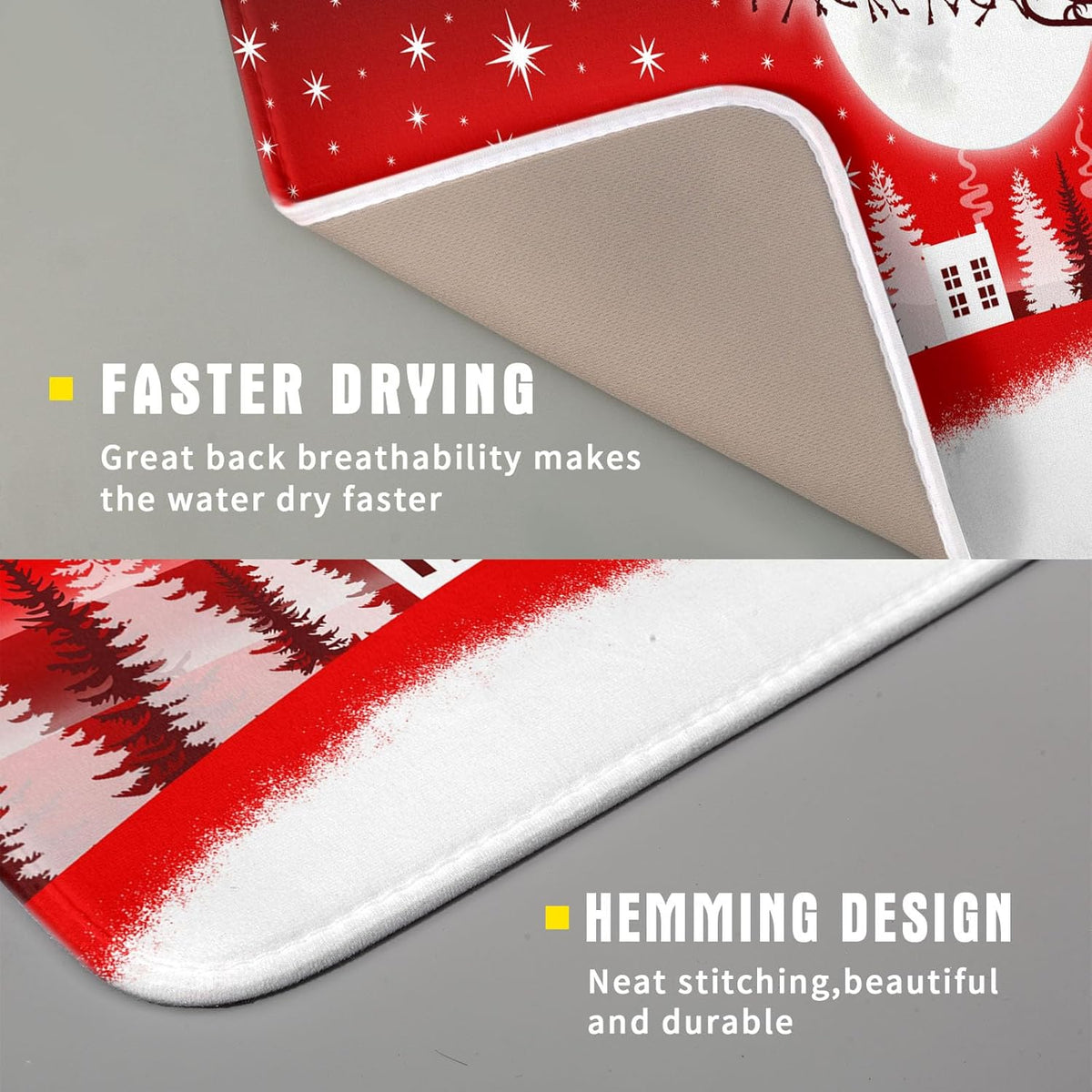 Christmas Reindeer Moon Star Red Dish Drying Mat for Kitchen Counter,White Xmas Tree Castle Drying Mat 16 x 18 Inch with Absorbent Reversible