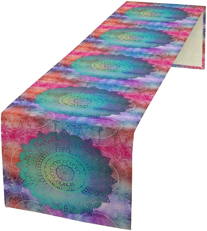 Bohemian Flroal Table Runner, Vintage Colorful Pink Boho Geometric Mandala Flower Paisley Rustic Coffee Table Center Decor for Family Kitchen and Living Room Outdoor Table Decorations, 13"x36"