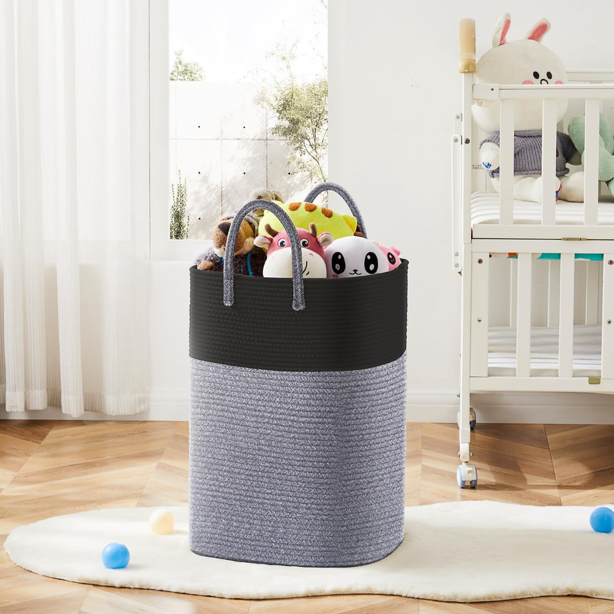 Laundry Basket,Woven Cotton Rope Laundry Hamper,Versatile Storage for Dirty Clothes,Baby Toys,and Blankets in Bathroom, Nursery,and Living Room (Black, 40L)